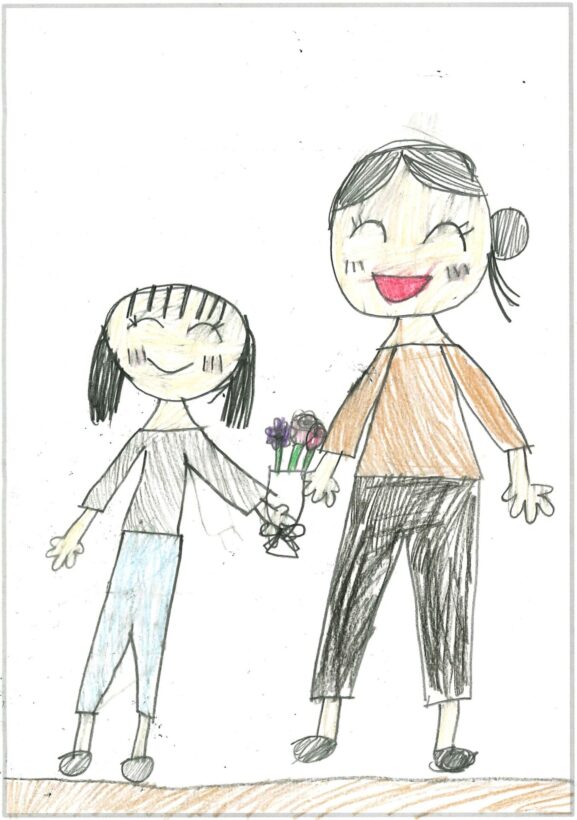 ym67 花たばをわたしたえがお